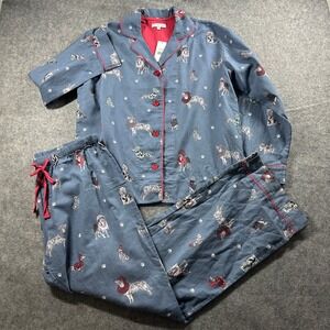 PJ Salvage Pajama Set Womens Large Blue Winter Dog Print Flannel Button Front